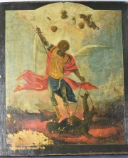 SAN MIGUEL VENCIENDO AL DEMONIO, Icono pintado sobre madera. 31,5 x 27,5 cm.
