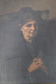 Hugo Oehmichen (1843-1933). Mujer orando, óleo sobre tabla, 38X30 cm. Firmado arriba a la derecha