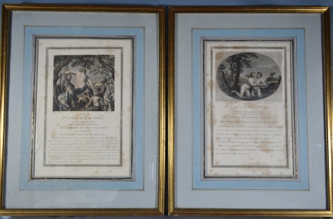 Dos Grabados en colores. L'INFIDELITE y SALMACIS ET HERMAPHRODITE. 40 x 26 cm.