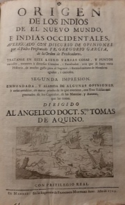 García, Gregorio: Origen de los Indios en el Nuevo Mundo. 1 volumen. Desperfectos. Madrid, Año 1729.