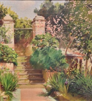 Max Slevogt, Atribuido, Patio Florido con Escalinata, leo 33 x 30 cm