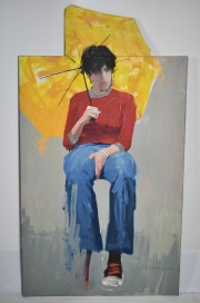 Julio Alan Lepez,' 2 X 3 '(Joven sentado con praguas), Tc. mixta sobre tela. 80 x 144 cm.