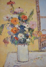 Montoya Ortiz, Flores junto a la ventana, óleo, 55 x 46 cm.