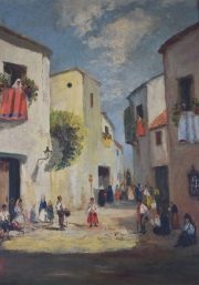 Jose Tormo, Calle con Personajes, óleo, 68 x 52 cm. Marco con desperfectos.