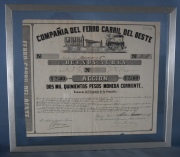 Accion de la Cia del Ferrocarril del Oeste de Buenos Aires, del 1° de enero de 1857, firmada por el presidente