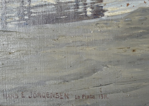 Hans E. Jorgensen. PECADORES (Río Santiago), óleo. Mide: 32 x 48 cm. saltaduras en marco.