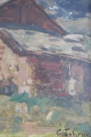 Tallone, Cesare. Paisaje montañoso con casa, óleo. Mide: 49 x 34,5 cm.