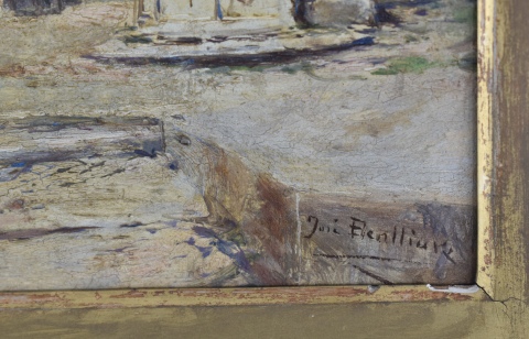 José Benlliure, Patio Español, óleo sobre tabla, marco con peq. faltantes. Mide: 19 x 24,8 cm.