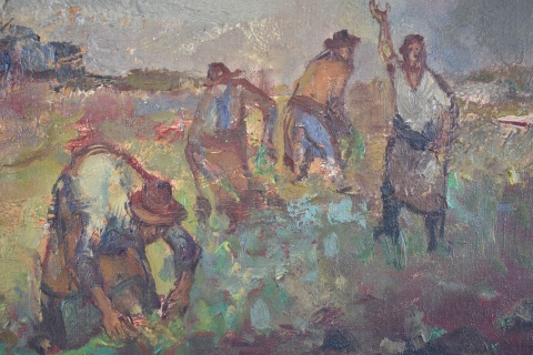 Juan Carlos Castagnino. Los Quinteros óleo de 50 x 73 cm