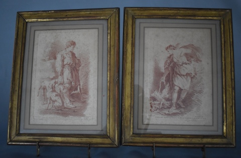 Dos grabados realizados por Demarteau, tomados de pinturas de Huet. Marcos dorados. Miden: 19 x 13 cm.