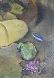 Victorica, Miguel C. Bandeja de plata con frutas, óleo de 70 x 110 cm. Colecc. Domingo E. Minetti.