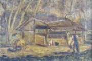 Paisaje con rancho, óleo sobre tela con averías. 52 x 62 cm.