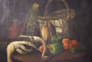 'Naturaleza muerta con Canasta y loro', óleo sobre tela firmado Art.T.Cor C. 1861. Desperfectos. Mide: 66 x 84 cm.