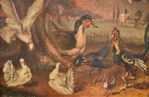 Cesar Bustillo. 'Aves en un paisaje', óleo firmado C.B. 44. Mide 82 x 112 cm.