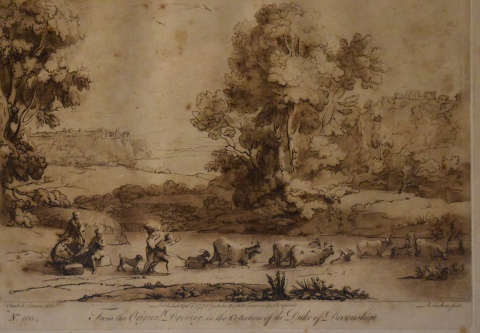 Grabado R. Earlom, Tomado de Lorrain. Devonshire, cruce del río con animales. Mide: 21 x 26 cm.