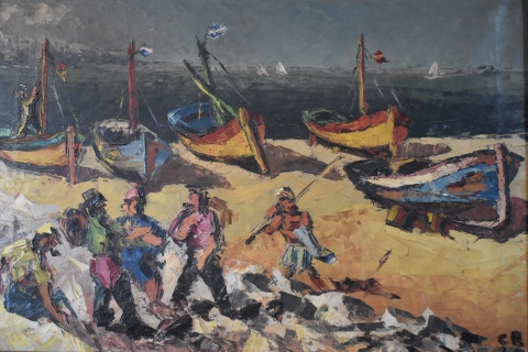 César Bustillo, Playa con pescadores, óleo. Mide: 50 x 71 cm.