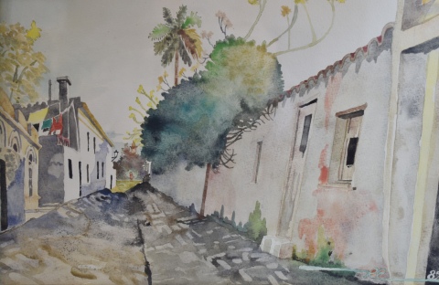 Cayol, R. Calle de Pueblo, acuarela, firmada de 24 x 34.5 cm.
