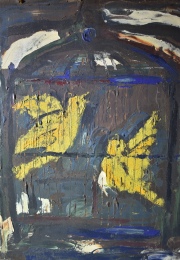 César Bustillo, Jaula con pajaritos, óleo de 48 x 39 cm.