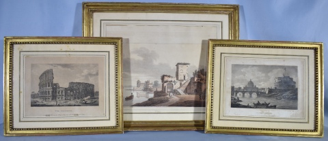 THE COLISEUM, PONTE ST. ANGELO Y PAISAJE CON CONSTRUCCIONES, tres grabados. Los dos primeros mide: 20 x 26 cm.