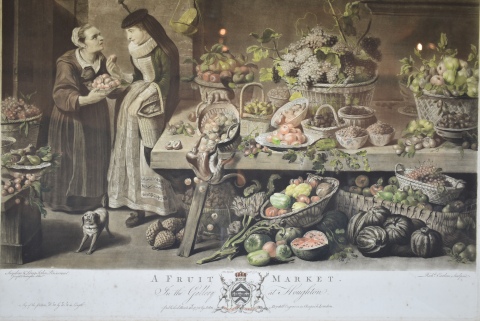 R. Earlom, A Fruit Market, grabado a la mezzotinta de 42x58 cm.