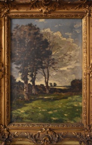 Harpignies, Henri. Paisaje con árboles, óleo sobre tela firmado. Mide: 55 x 38,5 cm.
