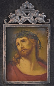 ECCE HOMO, pintura anónima italiana al óleo sobre tabla. Marco de plata. Mide: 9 x 7 cm.