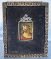 ECCE HOMO, pintura anónima italiana al óleo sobre tabla. Marco de plata. Mide: 9 x 7 cm.