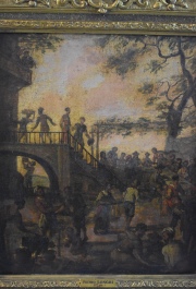 Dos óleos Escuela de Pietro Longhi. ESCENAS DE EXTERIOR CON PERSONAJES. Miden: 28 x 23,7 cm.