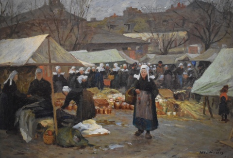 Grün, Maurice. Mercado Breton, óleo sobre tabla de 28 x 38 cm.