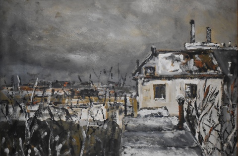 QUIZET, Alphonse. Vista casas nevadas, ólelo sobre tabla, firmado. 30 x43 cm.