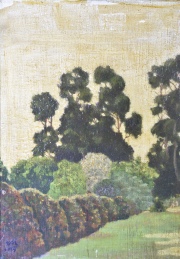 Paisaje Arbolado, óleo pequeño, firmado EMB, 1923. Mide: 27 x 21 cm.