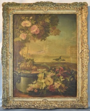 Frutos y Flores, dos óleos anónimos sobre tela. Peq. saltaduras, Miden: 78 x 60 cm.