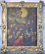 La Adoración de los Reyes Magos, óleo italiano sobre tela, pequeñas saltaduras. Mide: 42 x 32 cm.