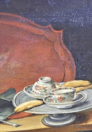 Anónimo, Bodegón: Naturaleza muerta con molinillo de café. óleo reentelado de 50 x 172 cm. cm.