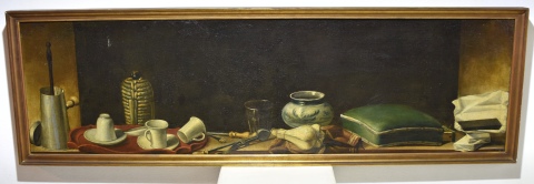 Anónimo Bodegón: Naturaleza muerta, con cafetera, óleo reentelado de 52 x 173 cm.
