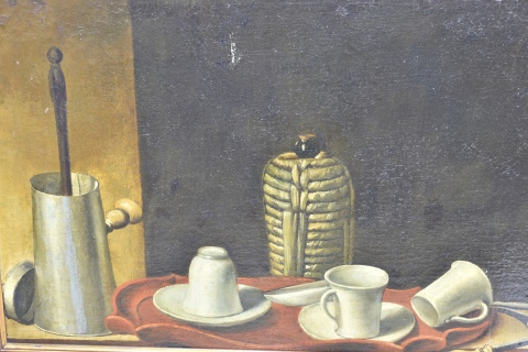 Anónimo Bodegón: Naturaleza muerta, con cafetera, óleo reentelado de 52 x 173 cm.