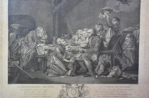 LE DIVERTISSEMENT GRACIEUX D'UNE FAMILLE VILLAGEOISE, grabado francés tomado de una pintura de M. Greuze. Mide: 44 x 48