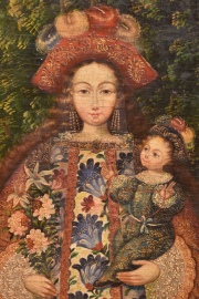 La Virgen y el Niño con aves y frutos. Arte Popular Boliviano, óleo de 80 x 62 cm.