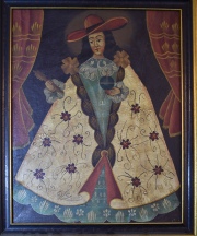 Dos cuadros de Arte Popular. Virgen y Santo, óleos. Miden: 42 x 33 y 46 x 39 cm.