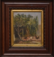 Gallinas, pequeño óleo de J. Tormo. Mide: 15 x 12 cm.  