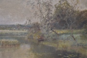 Jardines, Paisaje fluvial con bote, óleo de 55 x 65 cm.