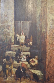 Gallinas y Perro junto al granero. Óleo sobre tabla, sin firma, de 74 x 47 cm. 