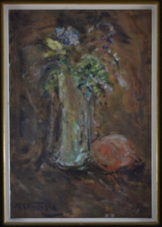 M.C. Victorica, Vaso con flores y Fruto, óleo. Mide: 32 x 22 cm.