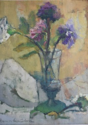 Hernán Silva, Vaso con flores, óleo. Mide: 40 x 30 cm.
