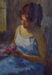 Lidia Capusotto, En el Atelier ( joven con flores), óleo saltaduras. Mide: 65 x 55 cm.
