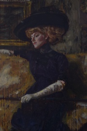 Albert Von Keller, Dama sentada en un interior, óleo sobre tabla. 15 x 34 cm.