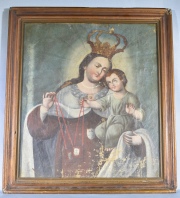 Virgen del Carmen con Niño, óleo Boliviano con deterioros. Mide: 43 x 38 cm