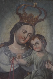 Virgen del Carmen con Niño, óleo Boliviano con deterioros. Mide: 43 x 38 cm