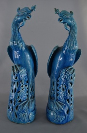 Dos aves Fenix, cerámica china con esmalte turquesa. 35 cm.