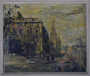 Mario Agostinelli, Calle Parisina con Personajes, óleo. Firmado Agostinelli, Paris/52. mide 38 x 45 cm.
